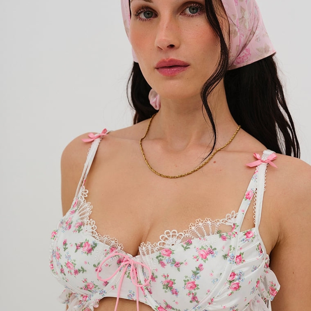 For Love And Lemons White and Pink Floral Bralette